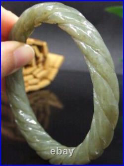 18890 Antique Chinese Nephrite Celadon-HETIAN-JADE Statue bracelet Twisted wire