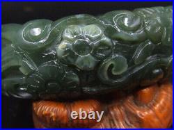 19117 Chinese Antique Celadon Nephrite Hetian-OLD Jade STATUE bracelet flower