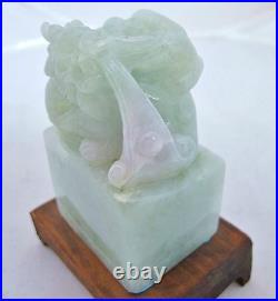 2.45 Chinese Carved Celadon Green JADEITE Jade Dragon Chop Seal Statue on Stand