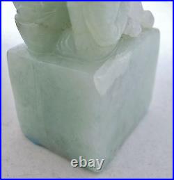 2.45 Chinese Carved Celadon Green JADEITE Jade Dragon Chop Seal Statue on Stand