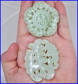 2 Big Chinese Carved Celadon Green JADE Pendants with Bats (2.35 & 2.10)