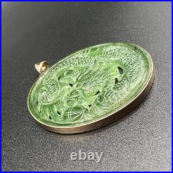 ANTIQUE CHINESE CARVED CELADON JADE 18K GOLD MYTHICAL CREATURE PENDANT 20.3 Gram