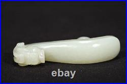 ANTIQUE CHINESE CARVED celadon nephrite jade belt hook BUCKLE with dragon Hetian