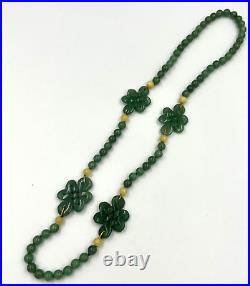 Antique Celadon Jade Bead Necklace Hand Carved Chinese with White Jade Beads