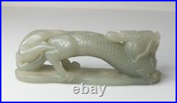 Antique Chinese 20th Century Carved Celadon Green Nephrite Qilin Jade Dragon