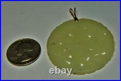Antique Chinese Carved Celadon Jade 2 Medallion Pendant 18k gold bezel