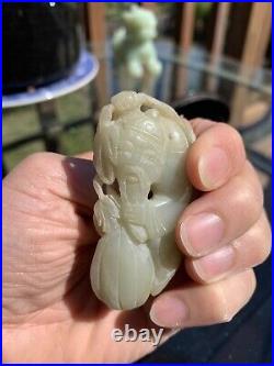 Antique Chinese Carved Celadon Jade Figurine Or Pendant In Old Lacquar Box