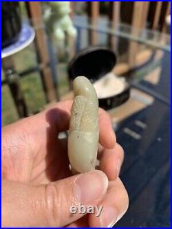 Antique Chinese Carved Celadon Jade Figurine Or Pendant In Old Lacquar Box