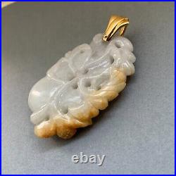 Antique Chinese Carved Celadon Russet Jade Jadeite 14k Pendant