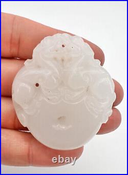 Antique Chinese Carved Foo Dog Disk Mutton Fat White Celadon Hetian Jade Pendant