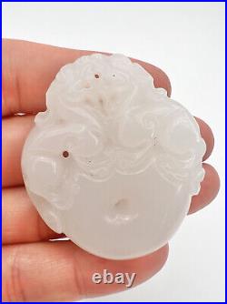 Antique Chinese Carved Foo Dog Disk Mutton Fat White Celadon Hetian Jade Pendant