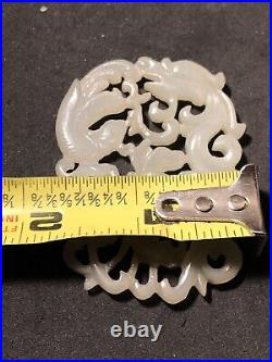 Antique Chinese Carved Open Space Celadon Jade Dragon And Bird & Peony Pendent