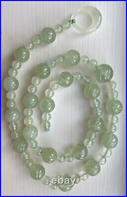 Antique Chinese Carved Translucent Celadon Jade Beaded Necklace (Missing Hook)