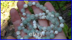 Antique Chinese Celadon Jade Necklase With Agate, Silver Beads And Crasp