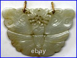 Antique Chinese Hand Carved Celadon Nephrite Jade Pendant with 14K Gold Bail