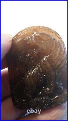 Antique Chinese Hand Carved Old Jade Tiger/Pine/Mountain/Sun Pendant
