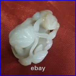 Antique Chinese Late19th C. Carved Light Color Celadon White Jade Double Frogs
