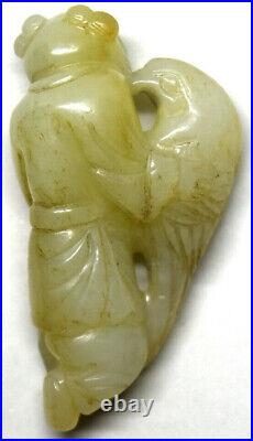 Antique Chinese Man and Bird Hand Carved Celadon Jade Figurine