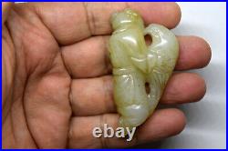 Antique Chinese Man and Bird Hand Carved Celadon Jade Figurine