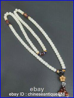 Antique Chinese Nephrite Celadon-HETIAN white jade Bead Necklace-Pendant