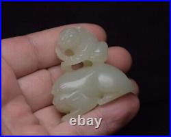 Antique Chinese Nephrite Celadon-Natural HETIAN-Jade Statues Children lion
