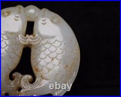Antique Chinese Nephrite Celadon-Natural HETIAN-old JADE Statue 2-fish QING