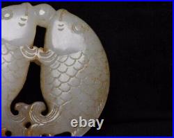 Antique Chinese Nephrite Celadon-Natural HETIAN-old JADE Statue 2-fish QING