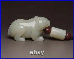 Antique Chinese Nephrite Celadon-Natural HETIAN-old JADE Statue DOG QING DY