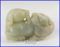 Antique Chinese Pale Green Celadon Nephrite Jade Recumbent Ram Sheep With Peach