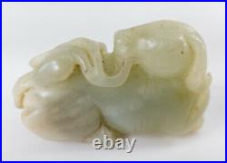 Antique Chinese Pale Green Celadon Nephrite Jade Recumbent Ram Sheep With Peach