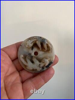 Antique JADE BI DISK PENDANT with Carved Kylins Dragons CHINESE Qing