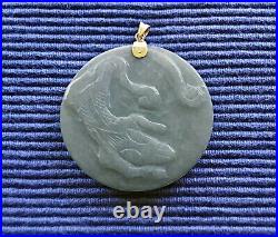 Antique Peacock and Fox Chinese Carved JADE PENDANT Plaque Amulet 14k