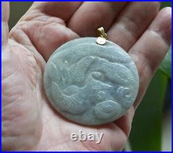 Antique Peacock and Fox Chinese Carved JADE PENDANT Plaque Amulet 14k