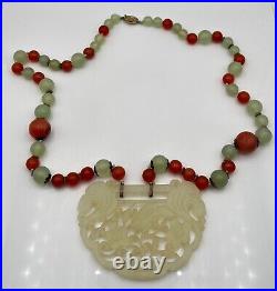 Antique Sterling Silver Chinese Celadon Jade Lock / Carnelian Bead Necklace