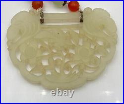 Antique Sterling Silver Chinese Celadon Jade Lock / Carnelian Bead Necklace