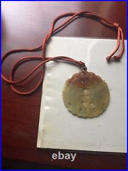 Antique Vintage Chinese Carved Celadon Jade Plaque Necklace Pendant
