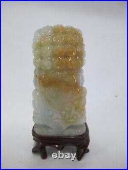 CHINESE Carved Nephrite Celadon Jade FOO DOG Figurine on Wood Stand