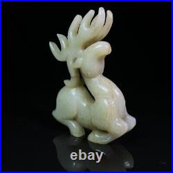 Certified Natural Chinese Nephrite Celadon Hetian Old Jade Elk Ornaments Retro