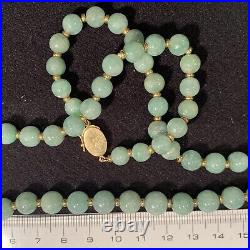 Chinese 14k Jade Bead Necklace 66cm, A strand of 8.5mm celadon jade. Wt. 63g