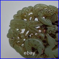 Chinese Antique Detailed Hand-Carved Celadon Jade Deer&Crane in spring Pendant