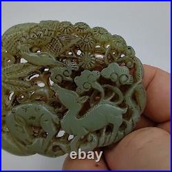 Chinese Antique Detailed Hand-Carved Celadon Jade Deer&Crane in spring Pendant