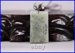 Chinese Celadon Hetian Jade Pendant w Chrysanthemum & Quail