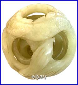 Chinese Celadon Jade Carved Puzzle Ball Dragon and Pearl