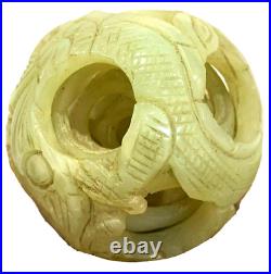 Chinese Celadon Jade Carved Puzzle Ball Dragon and Pearl