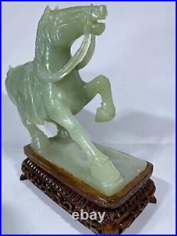 Chinese Export Carved Green Celadon Jade Horse on Wood Base