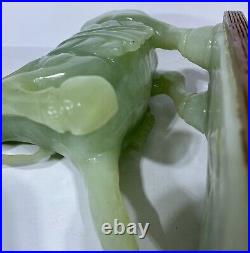 Chinese Export Carved Green Celadon Jade Horse on Wood Base