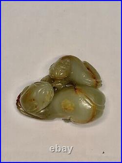 Chinese Qing Dynasty Celadon Russet Jade Carved Double Badger Toggle