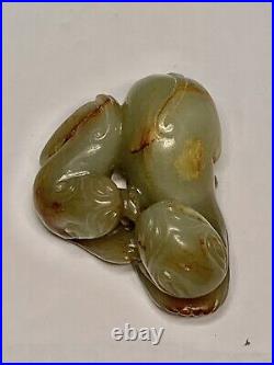 Chinese Qing Dynasty Celadon Russet Jade Carved Double Badger Toggle
