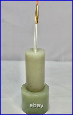 Chinese Qing celadon jade brush holder with hard stone stand