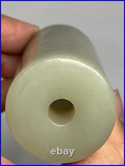 Chinese Qing celadon jade brush holder with hard stone stand